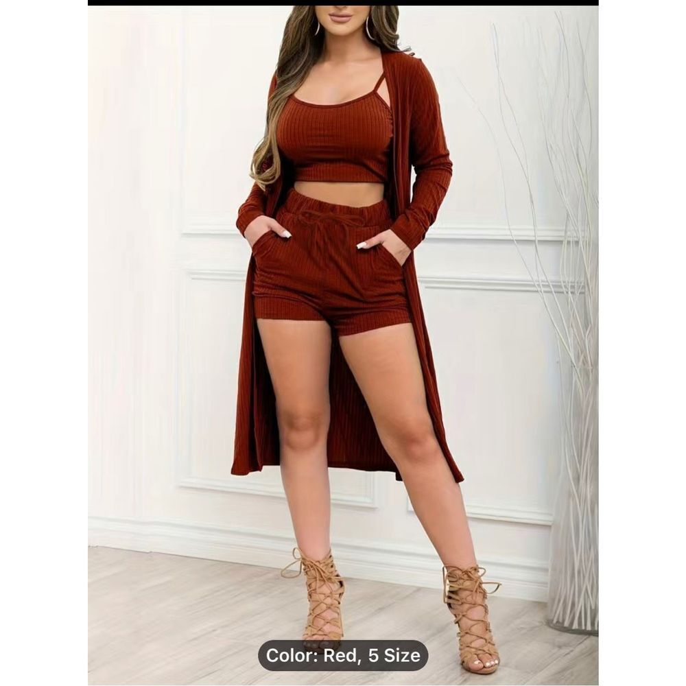 Casual Matching Three-piece Set, Crop Cami Top + Drawstring Shorts + Open Front